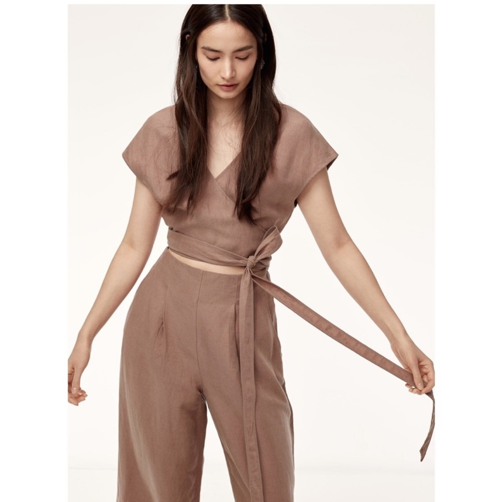 WILFRED brax taupe jumpsuit linen size 0 wide leg cut out tie front